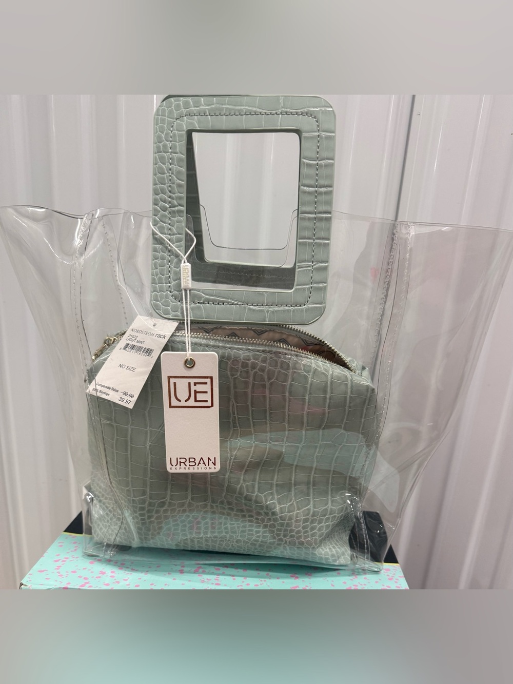 Urban Expressions Clear Tote with Sage Croc-Embossed Pouch and Square Handles